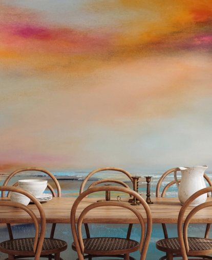 Pintura abstrata amarela e rosa de uma paisagem com rio e céu