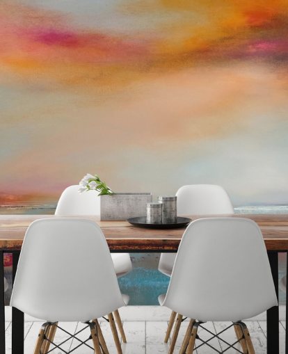 Yellow and pink abstract painting of a landscape with a river and sky Yellow and pink abstract painting of a landscape with a river and sky