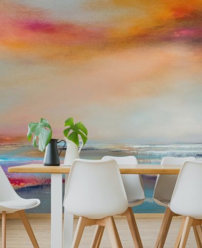 Pintura abstrata amarela e rosa de uma paisagem com rio e céu Pintura abstrata amarela e rosa de uma paisagem com rio e céu