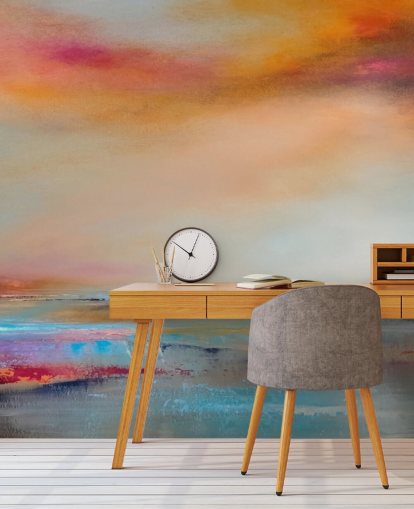 Yellow and pink abstract painting of a landscape with a river and sky