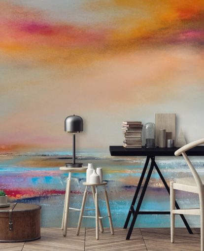 Pintura abstrata amarela e rosa de uma paisagem com rio e céu Pintura abstrata amarela e rosa de uma paisagem com rio e céu