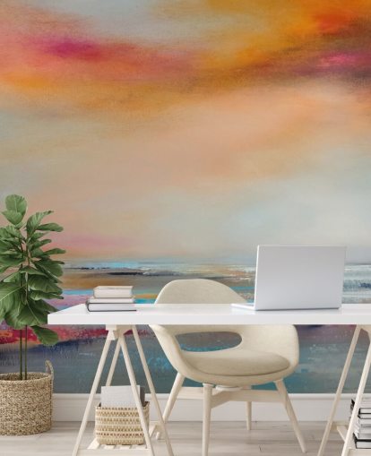 Yellow and pink abstract painting of a landscape with a river and sky