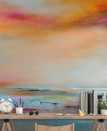 Pintura abstrata amarela e rosa de uma paisagem com rio e céu