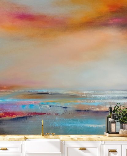 Cuadro abstracto amarillo y rosa de un paisaje con río y cielo