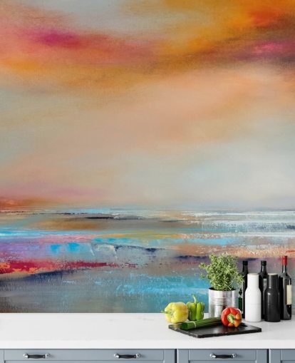 Peinture abstraite jaune et rose d'un paysage avec une rivière et un ciel