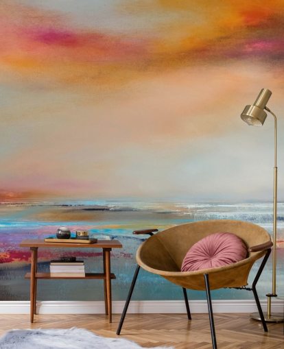 Yellow and pink abstract painting of a landscape with a river and sky Yellow and pink abstract painting of a landscape with a river and sky