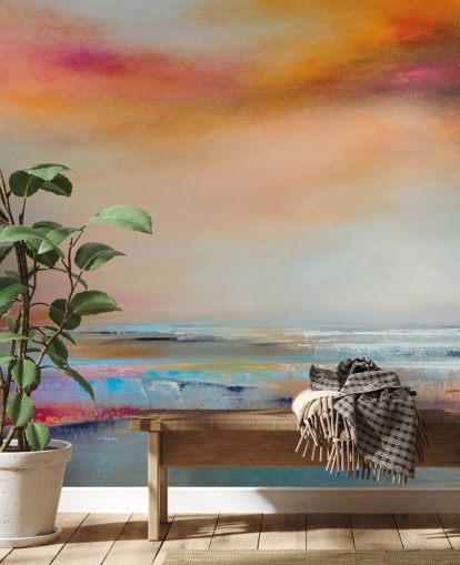 Pintura abstrata amarela e rosa de uma paisagem com rio e céu