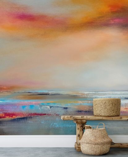Yellow and pink abstract painting of a landscape with a river and sky