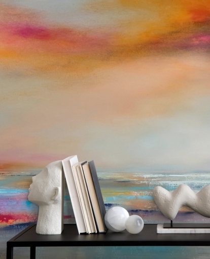 Peinture abstraite jaune et rose d'un paysage avec une rivière et un ciel