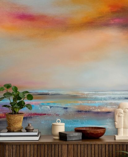 Cuadro abstracto amarillo y rosa de un paisaje con río y cielo