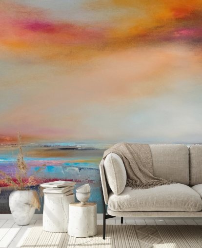 Geel en roze abstract schilderij van een landschap met een rivier en lucht