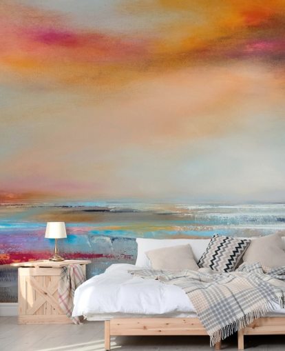 Geel en roze abstract schilderij van een landschap met een rivier en lucht Geel en roze abstract schilderij van een landschap met een rivier en lucht