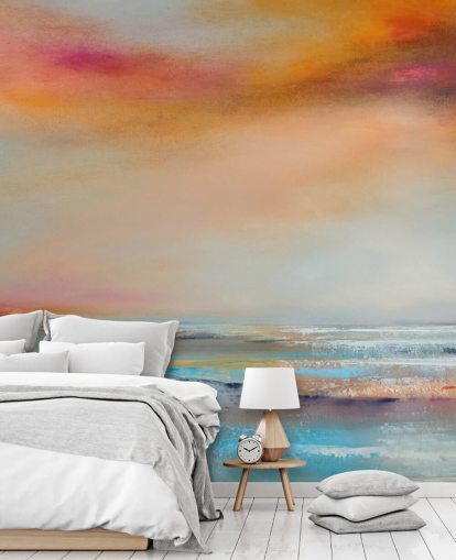 Pittura astratta gialla e rosa di un paesaggio con fiume e cielo Pittura astratta gialla e rosa di un paesaggio con fiume e cielo