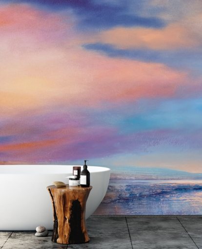 Rosa und lila abstrakte Malerei von Wolken am Himmel und einem Fluss