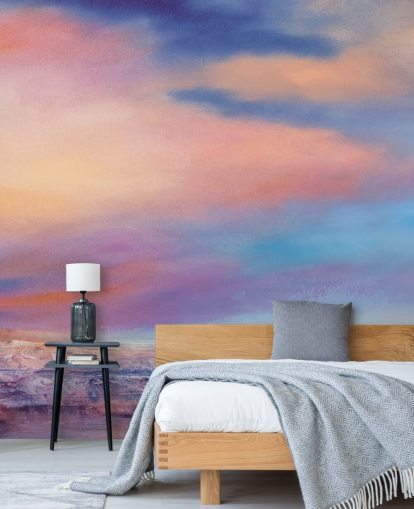 Peinture abstraite rose et violette représentant des nuages dans le ciel et une rivière