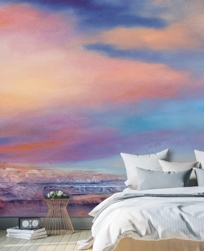 Rosa und lila abstrakte Malerei von Wolken am Himmel und einem Fluss