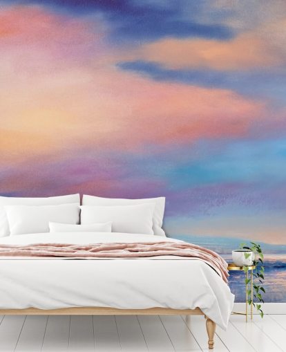 Pittura astratta rosa e viola di nuvole nel cielo e in un fiume