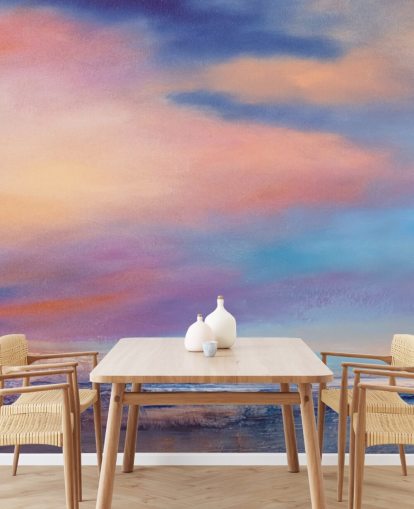 Pintura abstrata rosa e roxa de nuvens no céu e um rio