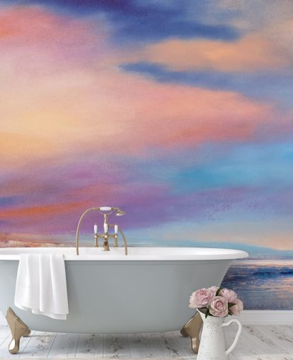 Pink og lilla abstrakt maleri af skyer på himlen og en flod