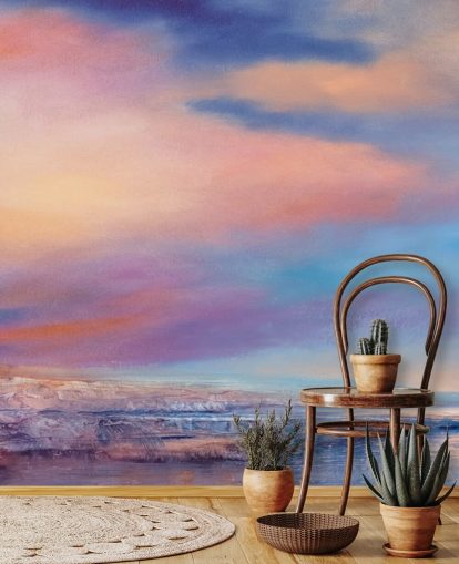 Rosa und lila abstrakte Malerei von Wolken am Himmel und einem Fluss