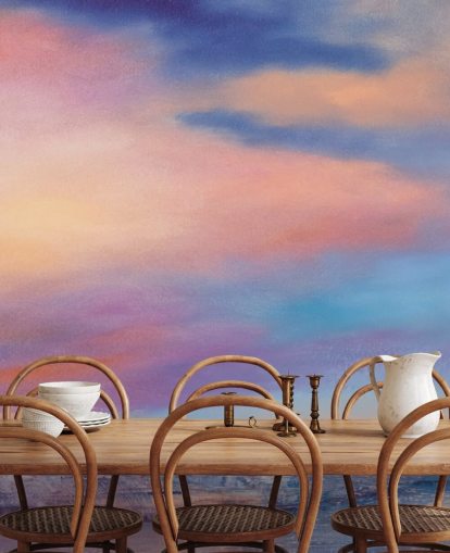 Peinture abstraite rose et violette représentant des nuages dans le ciel et une rivière