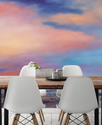 Pink and purple abstract painting of clouds in the sky and a river