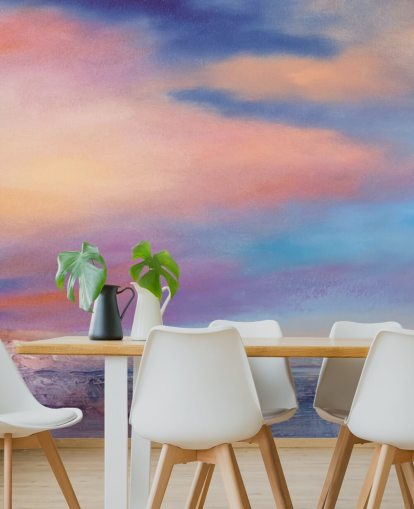 Pintura abstrata rosa e roxa de nuvens no céu e um rio