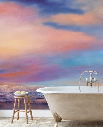 Pink and purple abstract painting of clouds in the sky and a river Pink and purple abstract painting of clouds in the sky and a river