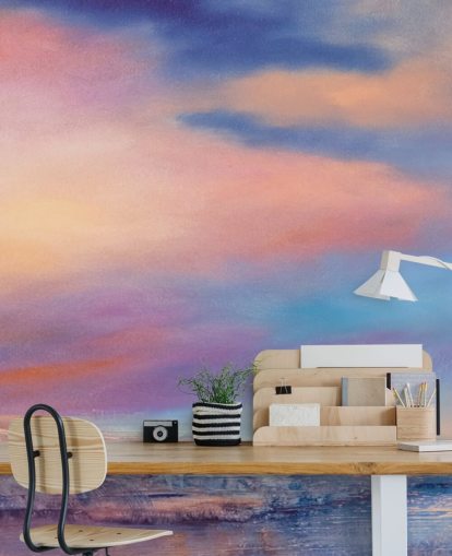 Peinture abstraite rose et violette représentant des nuages dans le ciel et une rivière Peinture abstraite rose et violette représentant des nuages dans le ciel et une rivière