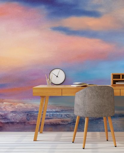 Rosa och lila abstrakt målning av moln på himlen och en flod