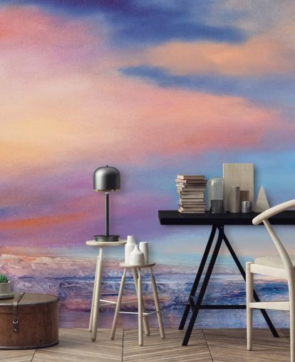 Pink and purple abstract painting of clouds in the sky and a river