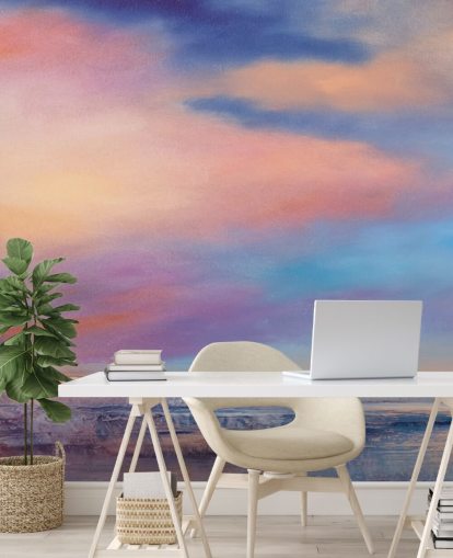 Pink og lilla abstrakt maleri af skyer på himlen og en flod Pink og lilla abstrakt maleri af skyer på himlen og en flod