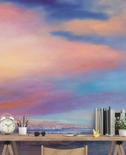 Cuadro abstracto rosa y morado de nubes en el cielo y un río