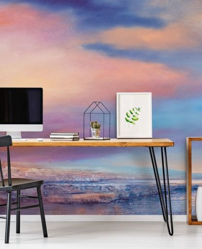 Pink og lilla abstrakt maleri af skyer på himlen og en flod Pink og lilla abstrakt maleri af skyer på himlen og en flod