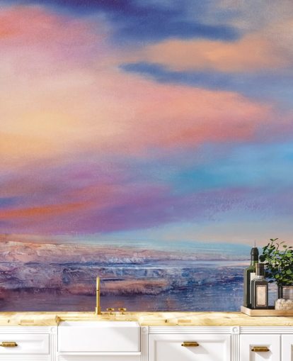 Rosa och lila abstrakt målning av moln på himlen och en flod