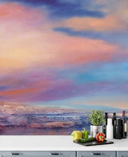 Rosa och lila abstrakt målning av moln på himlen och en flod