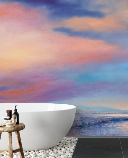 Pittura astratta rosa e viola di nuvole nel cielo e in un fiume