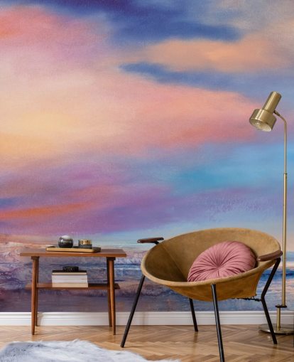 Pink and purple abstract painting of clouds in the sky and a river Pink and purple abstract painting of clouds in the sky and a river