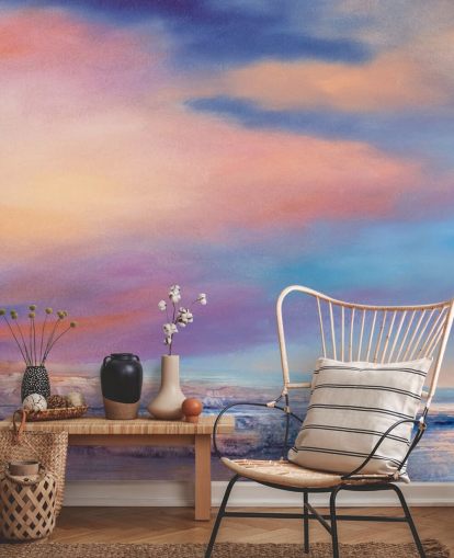 Pittura astratta rosa e viola di nuvole nel cielo e in un fiume