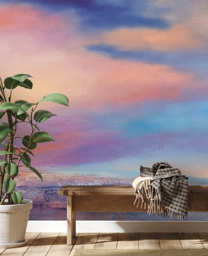 Peinture abstraite rose et violette représentant des nuages dans le ciel et une rivière