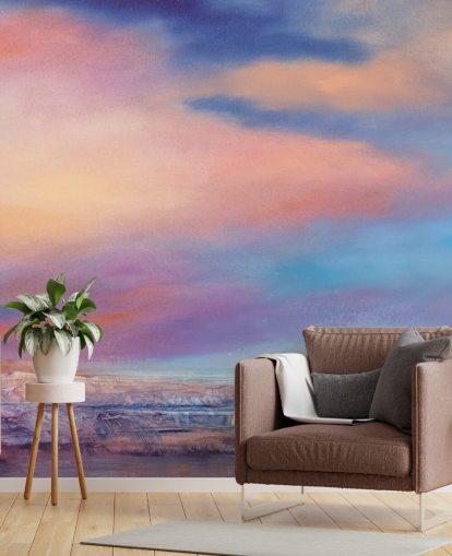 Pink og lilla abstrakt maleri af skyer på himlen og en flod