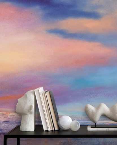 Peinture abstraite rose et violette représentant des nuages dans le ciel et une rivière