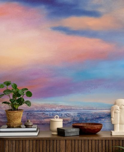 Pittura astratta rosa e viola di nuvole nel cielo e in un fiume