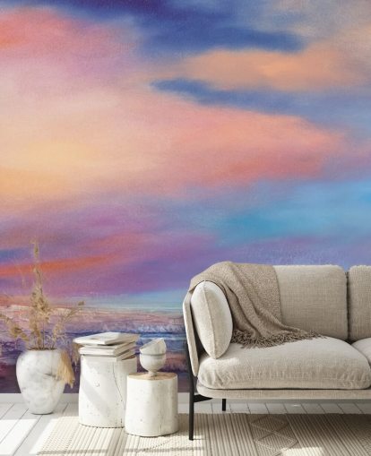 Peinture abstraite rose et violette représentant des nuages dans le ciel et une rivière