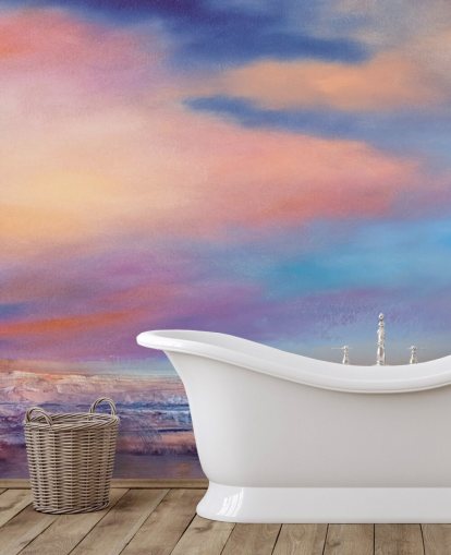 Pink and purple abstract painting of clouds in the sky and a river