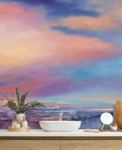 Pintura abstrata rosa e roxa de nuvens no céu e um rio Pintura abstrata rosa e roxa de nuvens no céu e um rio
