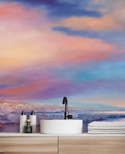 Peinture abstraite rose et violette représentant des nuages dans le ciel et une rivière