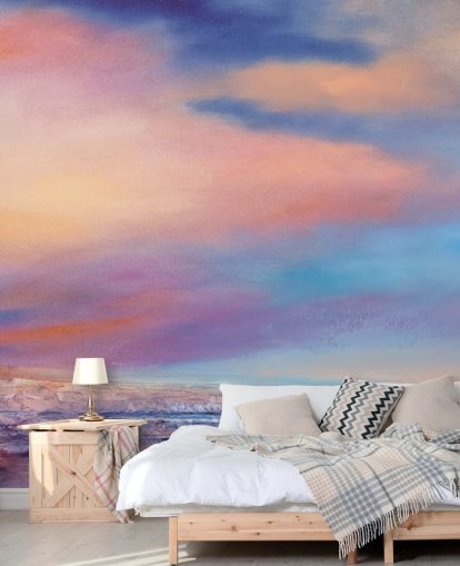 Peinture abstraite rose et violette représentant des nuages dans le ciel et une rivière