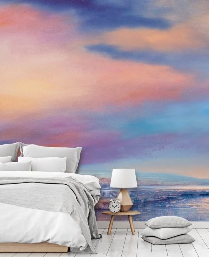 Pittura astratta rosa e viola di nuvole nel cielo e in un fiume