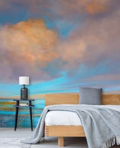 Abstrakt maleri af en flod og en himmel med lyserøde og orange skyer Abstrakt maleri af en flod og en himmel med lyserøde og orange skyer